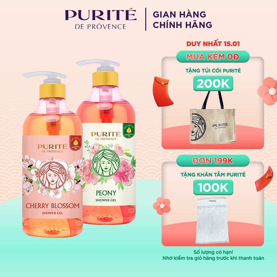 Combo 2 Sữa tắm Purité sáng mịn hoa anh đào 850ml + sữa tắm thư giãn hoa mẫu đơn 850ml