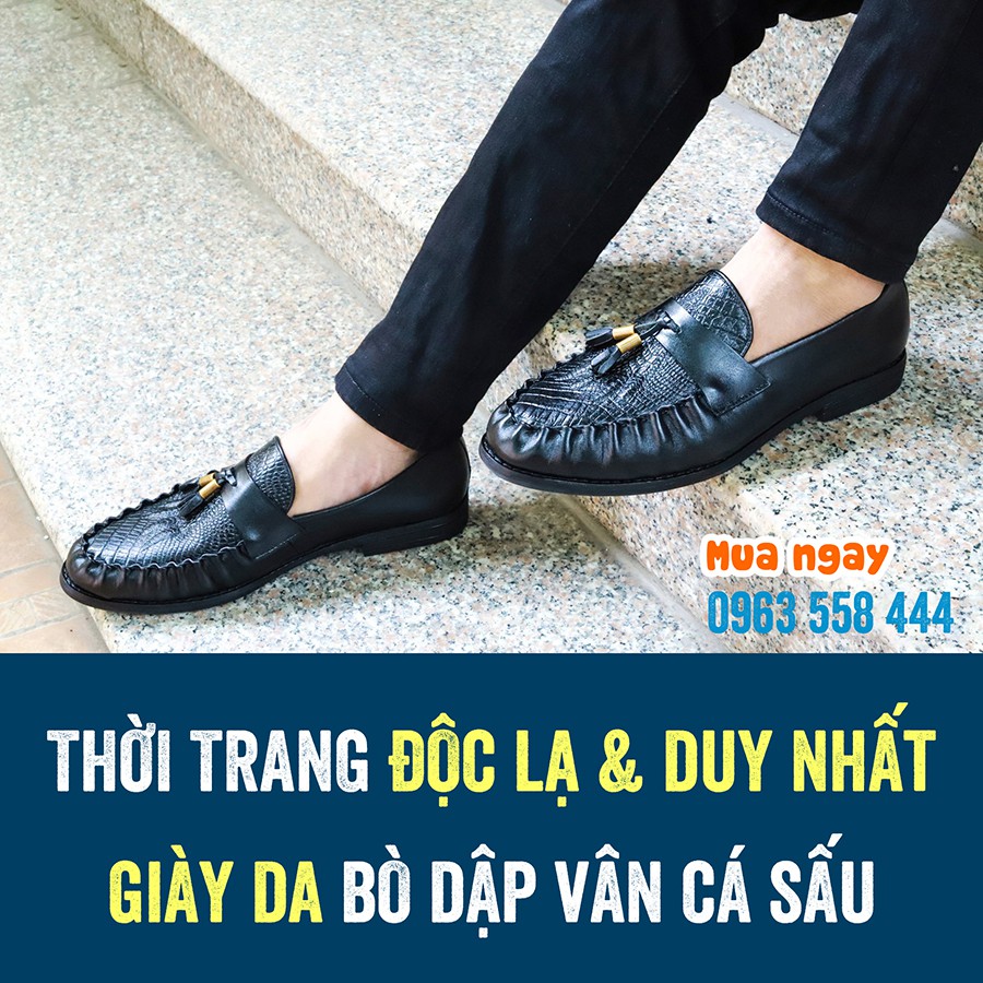 Giày lười dập vân cá sấu Độc lạ cho nam từ da bò cao cấp nhãn hiệu Fu Khang màu đen GLD24