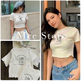 Áo Croptop In Chữ Sake PoChe- Phông Thun Nữ Ngắn Tay Dáng Ôm Body Cuốn Biên