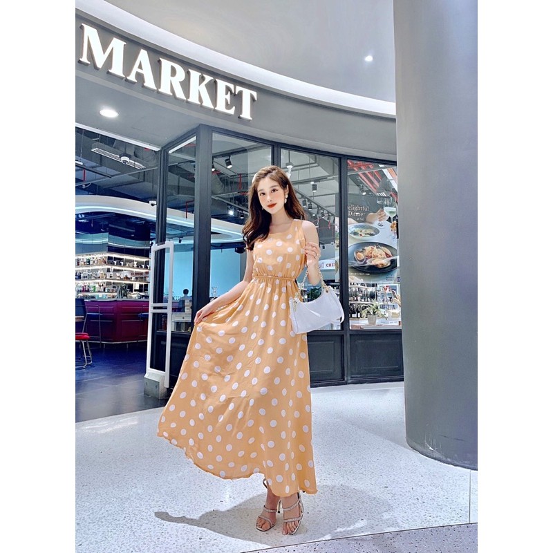 Đầm maxxi đi chơi chấm bi lưng phối cột nơ siêu mát mẻ, hàng đẹp chất voan đũi dày mịn - Thời Trang VADA (VD132)