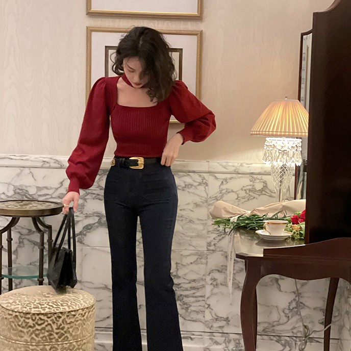 SUXI Áo dài tay khoét ngực cổ vuông thiết kế mới thời trang phong cách Hàn quốc cho nữ