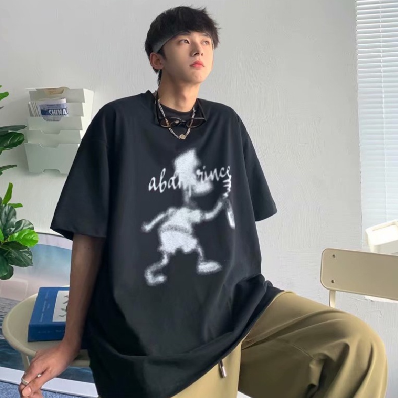 Áo thun tay ngắn dáng rộng in họa tiết hoạt hình phong cách đường phố hiphop cho nam size M-5XL