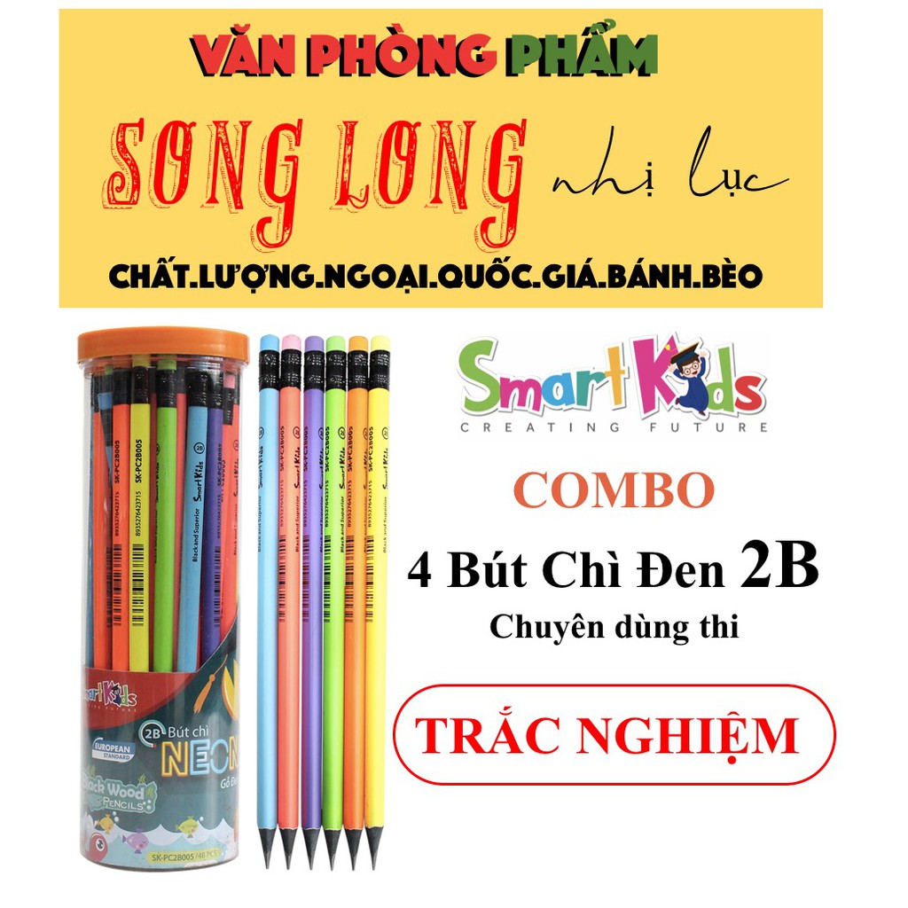 COMBO 4 Bút Chì 2B chuyên dùng thi TRẮC NGHIỆM - Ruột chì chất lượng cao, gỗ đen, mềm dễ chuốt - TH SMARTKID của BITEX