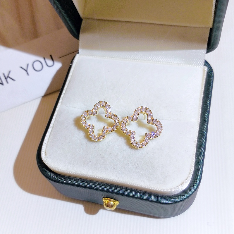 Khuyên tai JIUDUOLAN dạng kẹp/ xỏ kiểu cỏ bốn lá rỗng đính đá nhân tạo toàn diện thời trang Hàn Quốc thanh lịch cho nữ