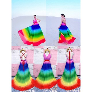 (miễn phí chỉnh váy) maxi màu loang ombre yếm hai dây hở lưng váy xoè mix màu cầu vồng đi biển du lịch sống ảo