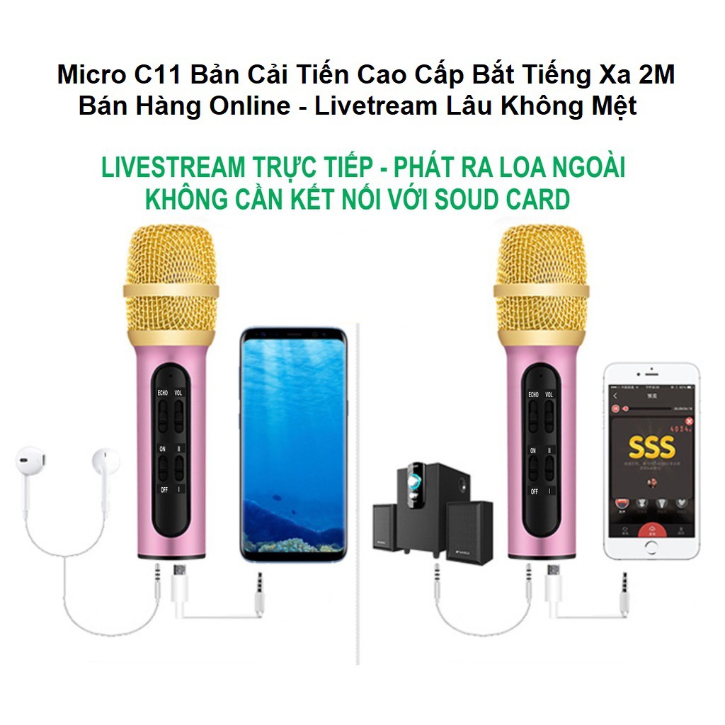 Giá Sỉ Micro C11 Nâng Cấp, Tặng Tai Nghe - 2 Người Hát - MicThu Âm Hát Karaoke Livestream - Bán Hàng Online