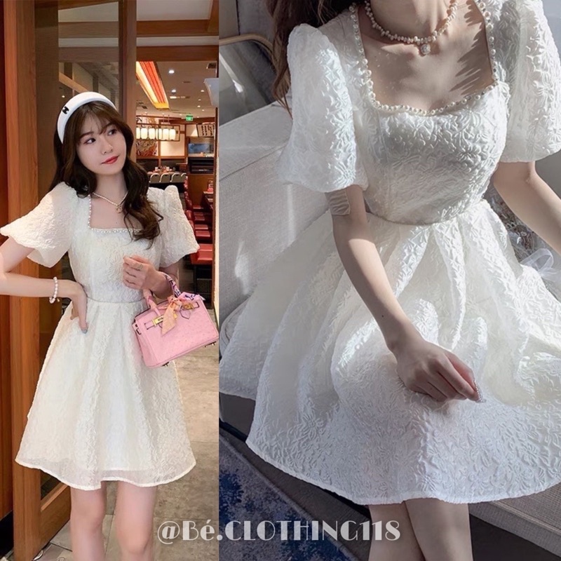 ĐẦM GẤM XỐP TAY PHỒNG CỔ VUÔNG REN TRẮNG CUTOUT EO - KÈM VIDEO