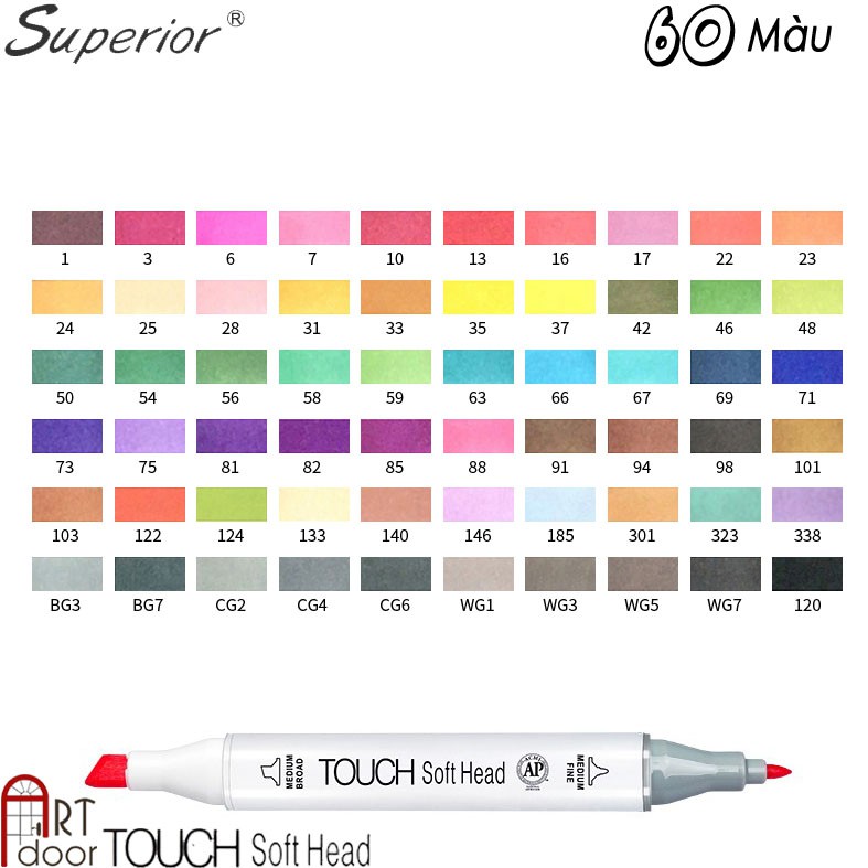 [ARTDOOR] Bộ bút marker TOUCH SOFT HEAD 60 màu (hộp nhựa)