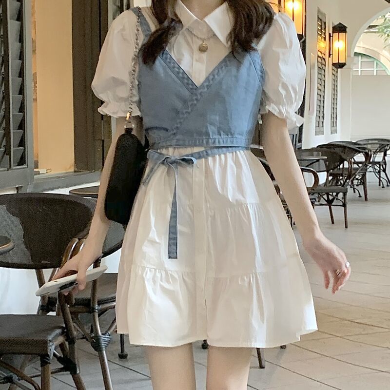Váy Sơ Mi Nữ Hàn Quốc Mới + Áo vest denim