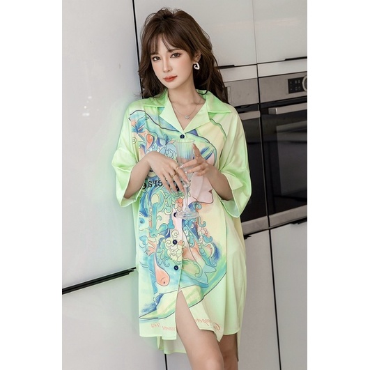 Váy ngủ sơmi lụa tay lỡ nàng tiên hạ lụa satin cao cấp quảng châu T004.