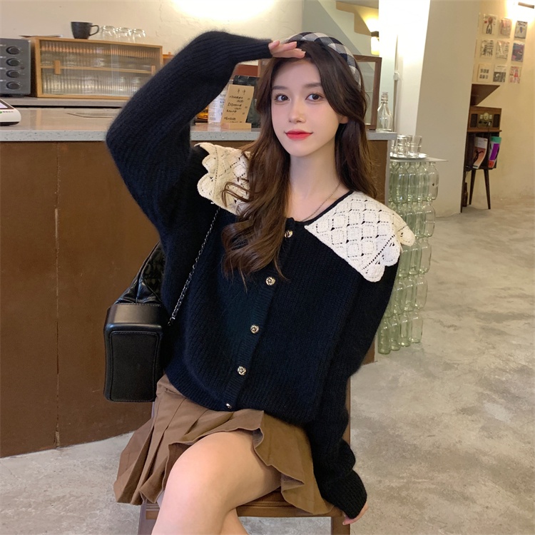 ORDER 7-10 NGÀY  Áo len cổ áo búp bê dài tay cardigan của phụ nữ đơn giản