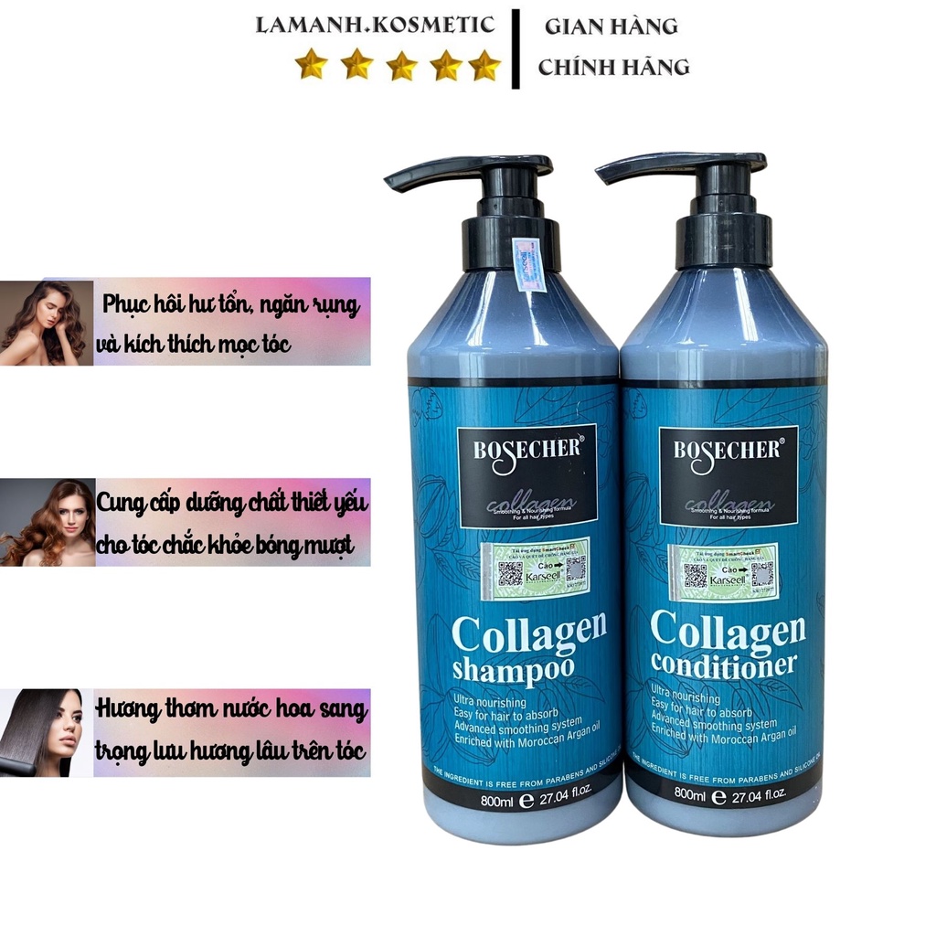 Dầu Gội Dầu Xả Collagen Bosecher Phục Hồi Tóc Hư Tổn Kích Thích Mọc Tóc Siêu Mềm Mượt Cặp 800ml hàng hiệu chính hãng