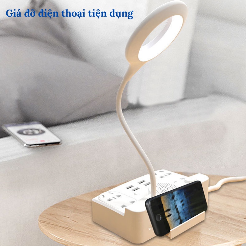 Đèn Học LED Để Bàn Tích Hợp Loa Bluetooth Và Ổ Cắm Điện Đa Năng Có 4 Cổng USB 3.5A Bugu HHT101 Có Giá Đỡ Điện Thoại