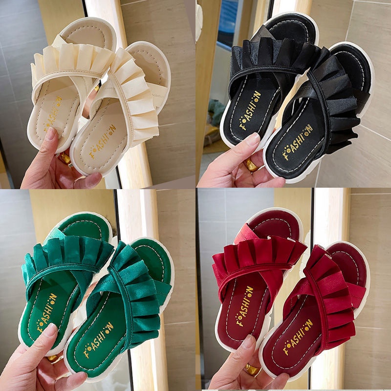 Dép lê cho bé Dép quai ngang nhún bèo cho bé gái đế cao su chống trơn trượt size 27-37 Dép lê bé gái Dép cho bé