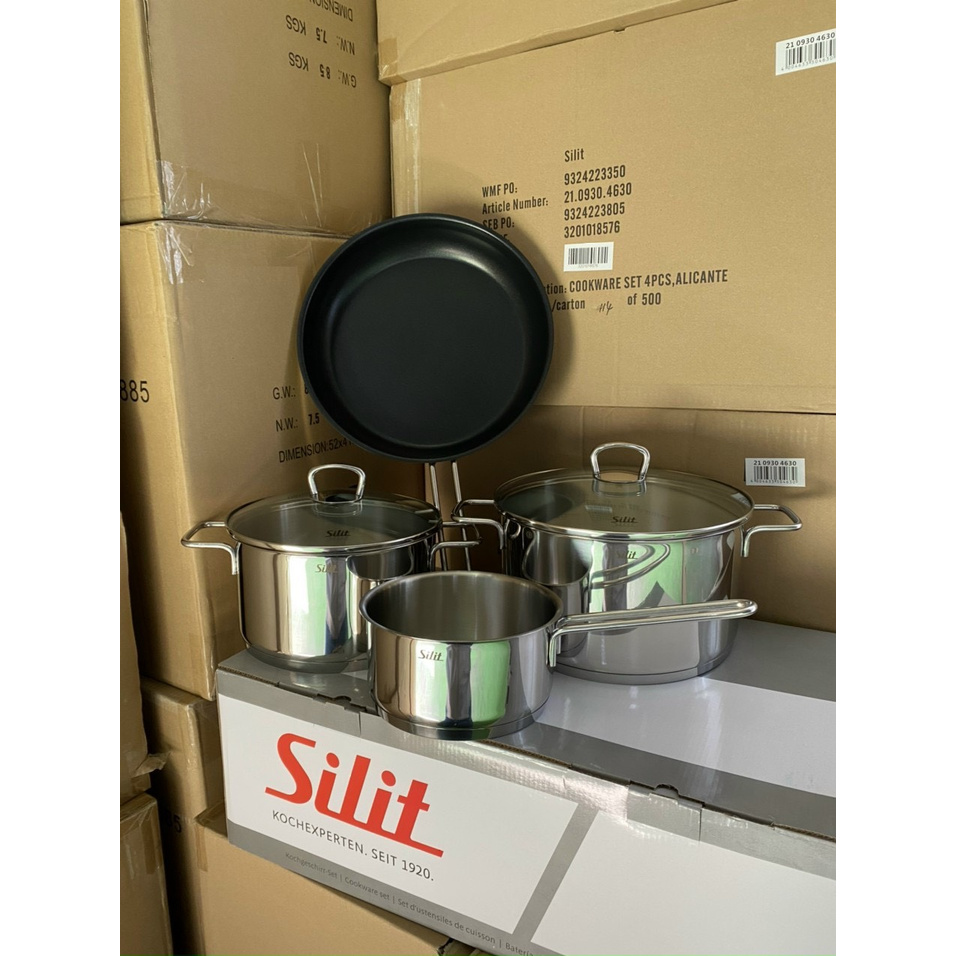 Bộ nồi siêu đẹp SILIT 4 món Alicante Cookware Set Đức (3 Nồi, 1 Chảo) Chất Liệu Thép Không Gỉ 18/10 Siêu Bền, Đẹp