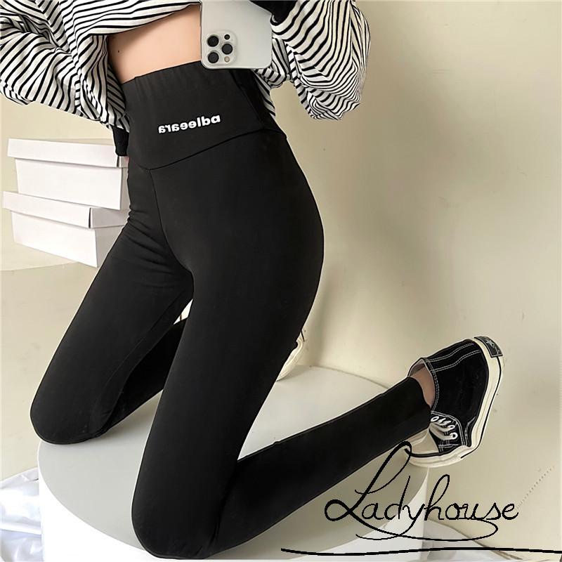 Quần Legging Lót Lông Cừu Giữ Nhiệt Lưng Cao Co Giãn In Chữ Thời Trang Mùa Đông Cho Nữ