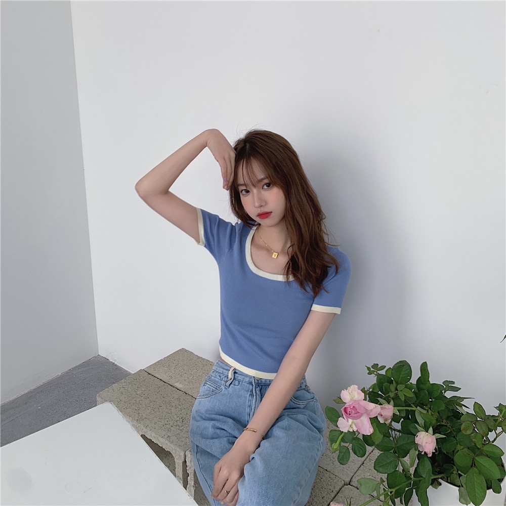 Áo thun nữ ZHELIHANGFEI tay ngắn phối màu trơn thời trang