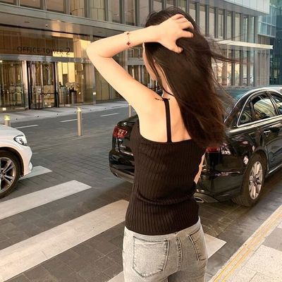 Áo Hai Dây Dệt Kim Cổ Chữ V Màu Trơn Quyến Rũ Phù Hợp Với Phụ Nữ