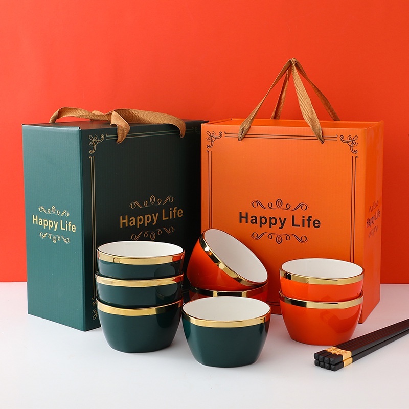 Bộ 6 Bát Sứ Màu HAPPY LIFE Viền Mạ Vàng Tặng Kèm Đũa