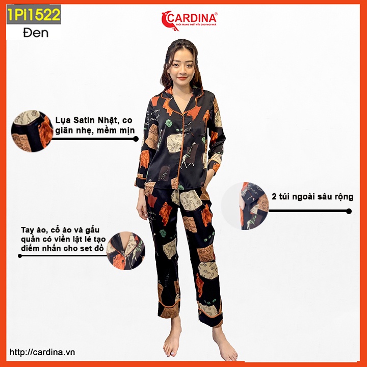 Đồ bộ pijama nữ CARDINA chất lụa satin Nhật cao cấp quần dài áo cộc tay họa tiết tinh tế thanh lịch 1Pi15.