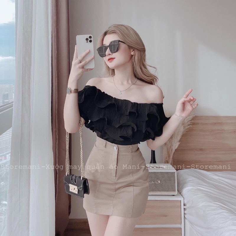 Chân váy chữ a kaki kiểu váy a ngắn có lót trong phối khoá giữa thun gân trước màu đen kem mặc đi học làm chơi đẹp