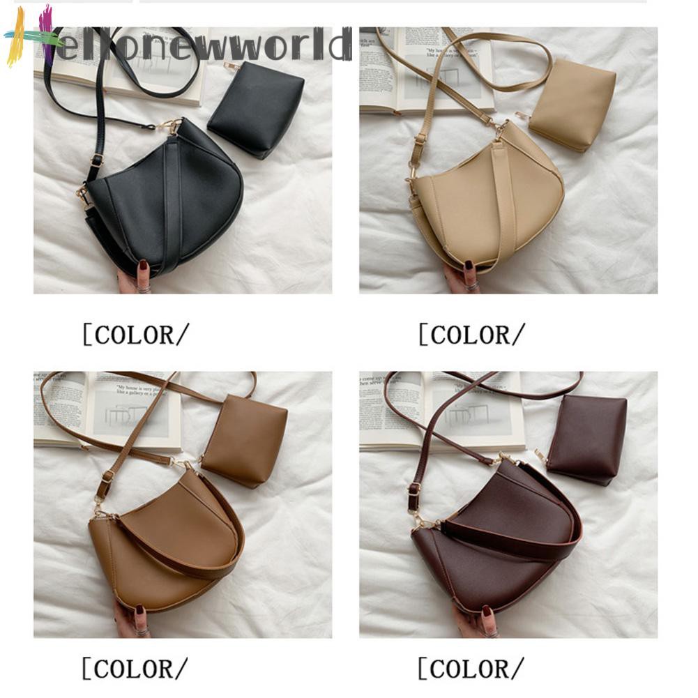 Hellonewworld Women Fashion Leather Shoulder Handbag Solid Color Messenger w/Clutch Bag 