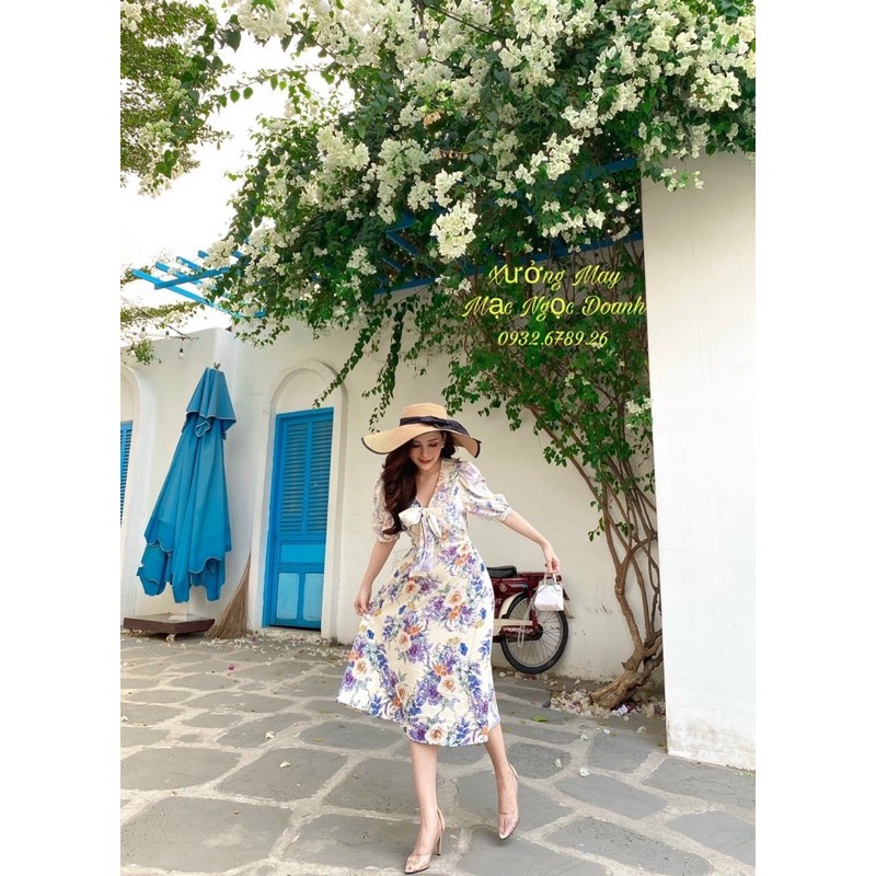 váy dài hoa nhí tay phồng thắt nơ dự tiệc | BigBuy360 - bigbuy360.vn