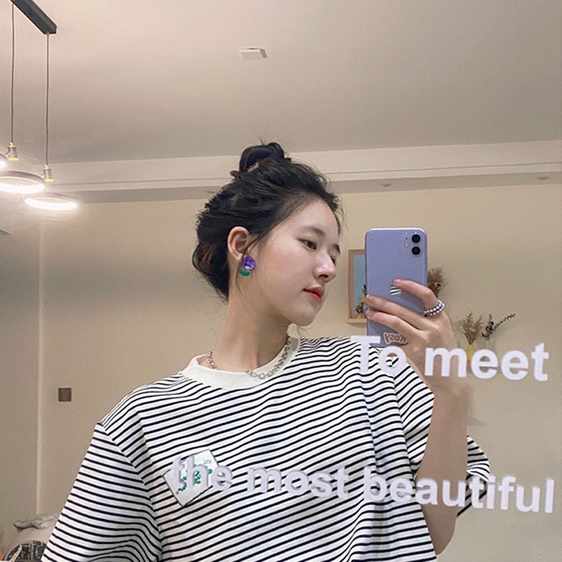 Khuyên tai mặt hình hoa bằng Acrylic mạ bạc 925 thời trang Hàn Quốc
