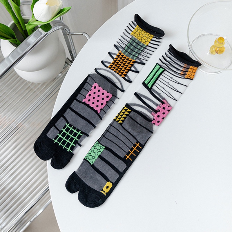 Xiangbao Vớ Kimono Sợi Thủy Tinh Mỏng Hở Ngón Họa Tiết Hình Học Không Đối Xứng 2 Ngón Mùa Hè