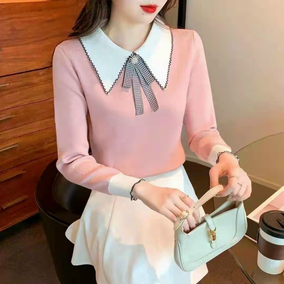 Áo len nữ cổ sơmi đẹp_Áo sơmi len cài nơ kiểu Quảng Châu -Moon shop cam kết chất đẹp