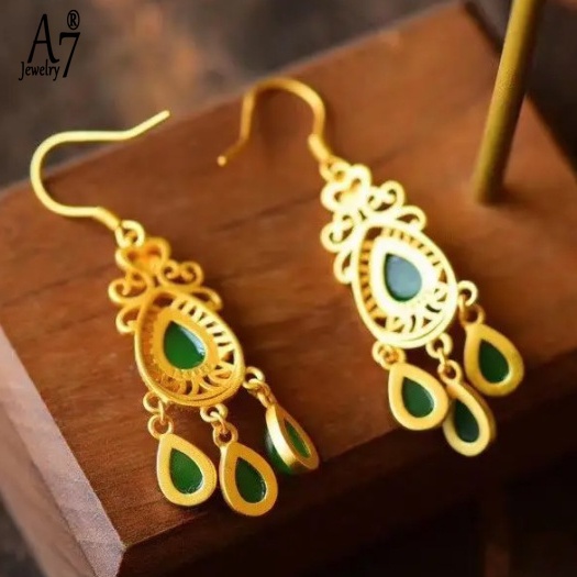 Bông Tai Bạc 925 A7 Hình Giọt Nước Phối Tua Rua Dài n Kiểu Retro