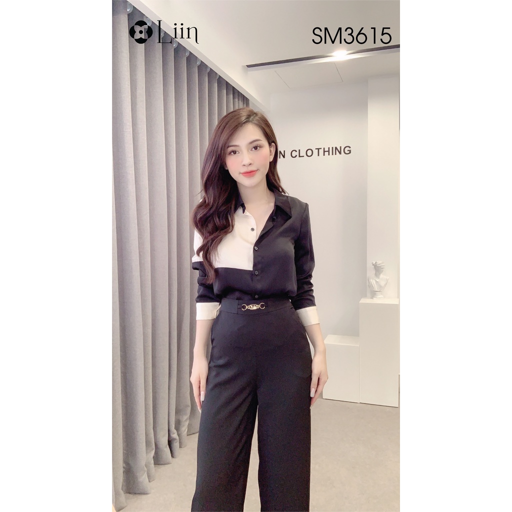 Áo sơ mi chất Lụa màu Đen Phối Trắng phong cách trẻ trung, hiện đại Liin Clothing SM3615