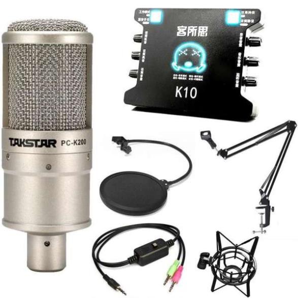 COMBO Bộ Mic Thu Âm Livestream Mic Pc K200, Sound k10, Dây livestream tốt, Chân Kẹp Míc, Màng Lọc Âm