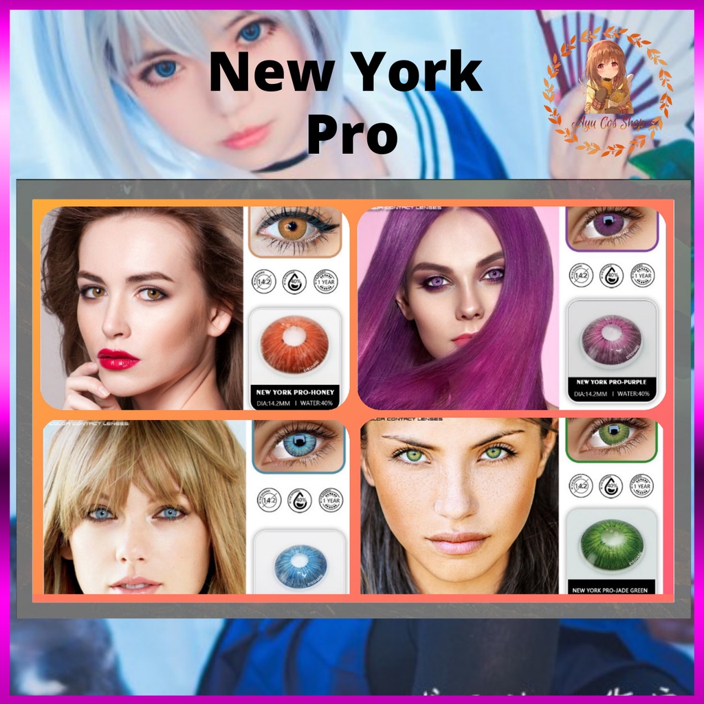 [Có sẵn] kính áp tròng lens cosplay fruit lấp lánh new york pro 0 độ màu xanh lá xanh dương nâu đen xám cam