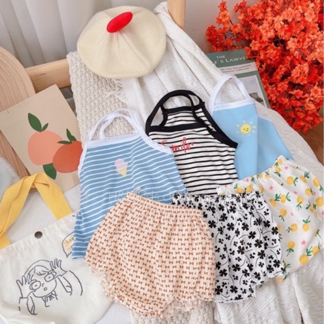 Set Cho Bé Gái 2 Dây Chéo Lưng Phối Quần Chíp Nhiều Hình Ngộ Nghĩnh