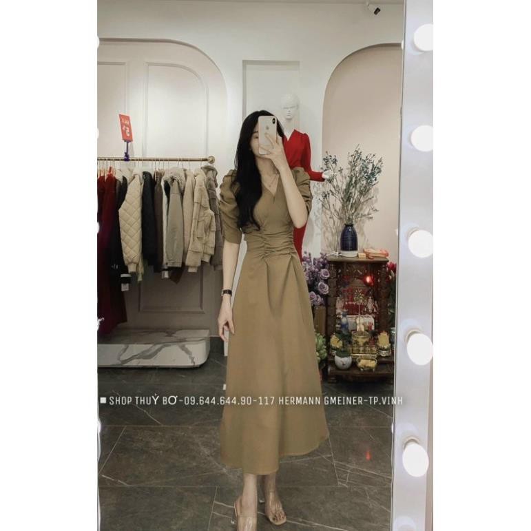[ẢNH THẬT + VIDEO] Đầm nữ dáng dài tay phồng cổ chữ V nhún eo | BigBuy360 - bigbuy360.vn