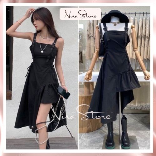 Váy đen 2 dây vạt to ô zuê lệch tà đầm nữ cá tính sexy đi chơi đi tiệc hotrend chân váy dài chất đũi mềm Xưởng May DCS