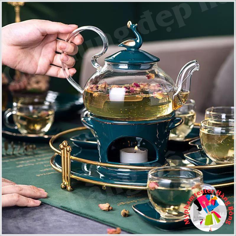 Bộ ấm chén pha trà hoa cúc ấm bằng thủy tinh chịu nhiệt kèm khay hình  tròn