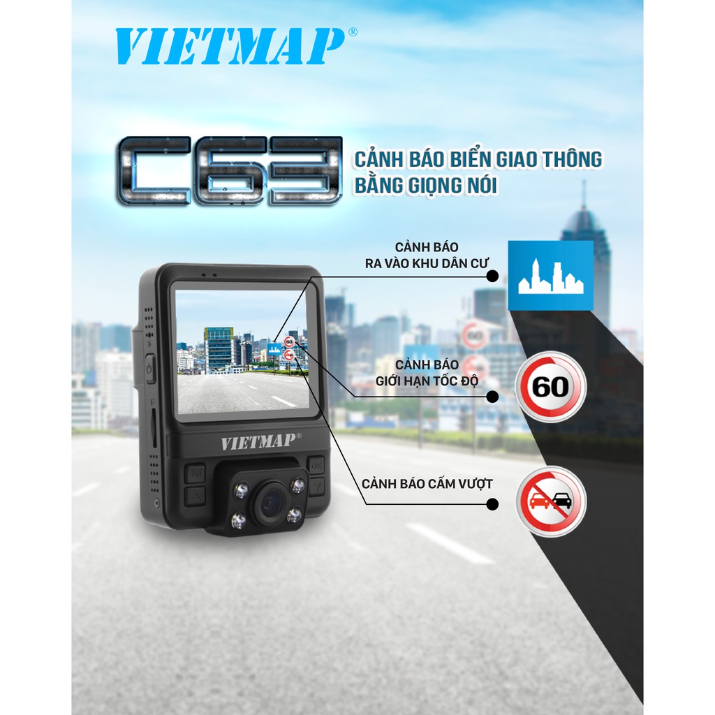 VietMap C63 - THẺ 32GB - Camera Hành Trình Ô tô Ghi Hình Trước Và Trong Xe - Hàng Chính Hãng