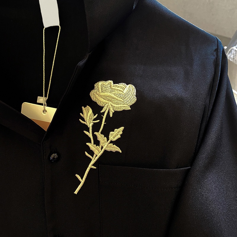 Áo Sơ Mi Nữ Ngắn Tay Màu Đen Thêu Hoa Hồng Thời Trang