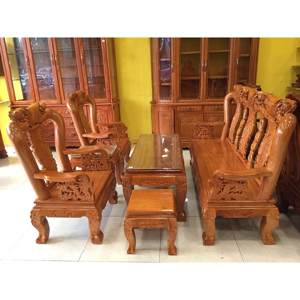 Bộ bàn ghế chạm đào tay rồng gỗ gõ đỏ tay 10, bộ bàn ghế phòng khách