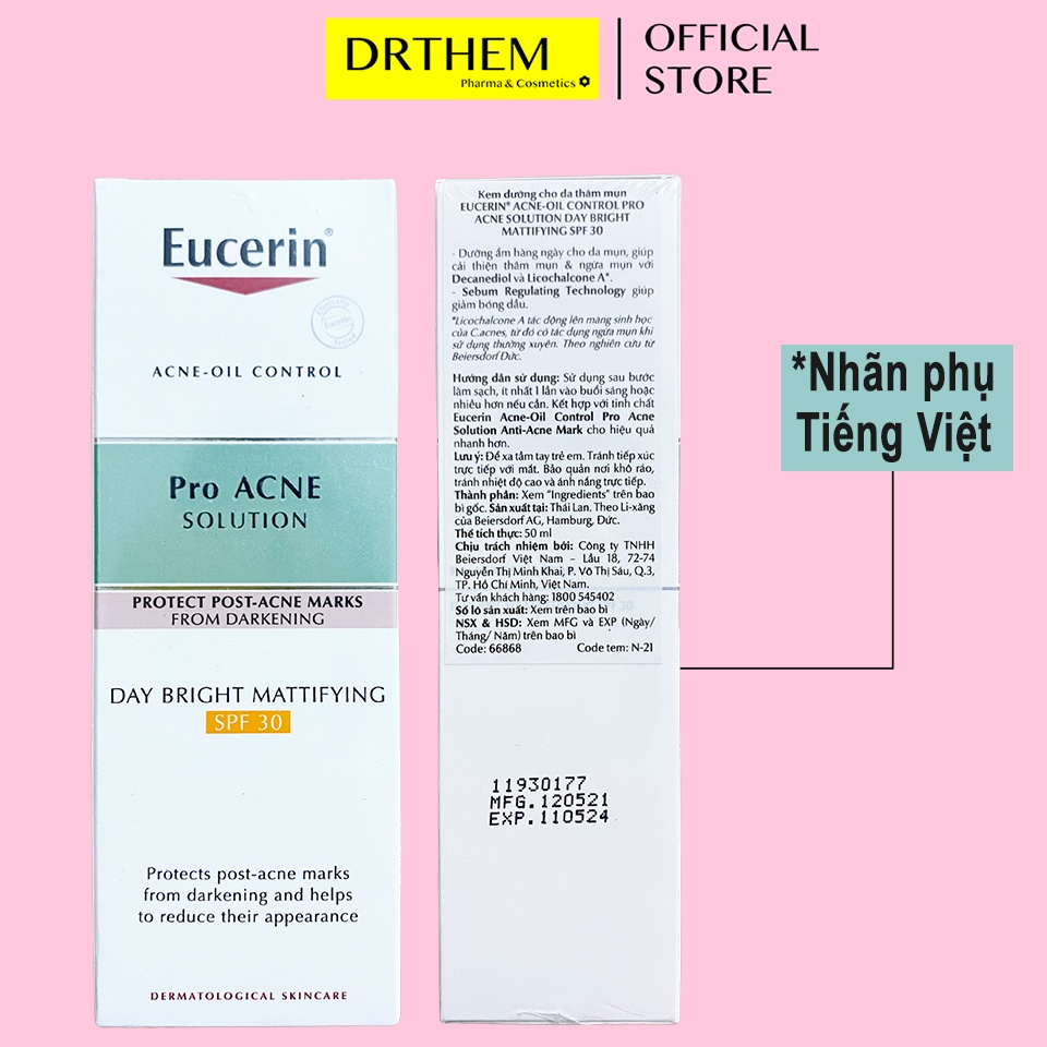 Kem Dưỡng Cho Da Thâm Mụn Eucerin Pro Acne Solution Day Bright Mattifying SPF30