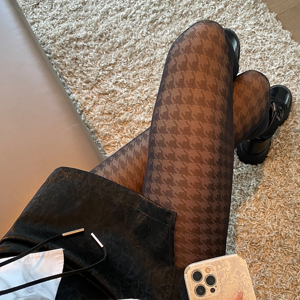 DUNEA Quần Tất Jacquard Mỏng Họa Tiết Houndstooth Dành Cho Nữ