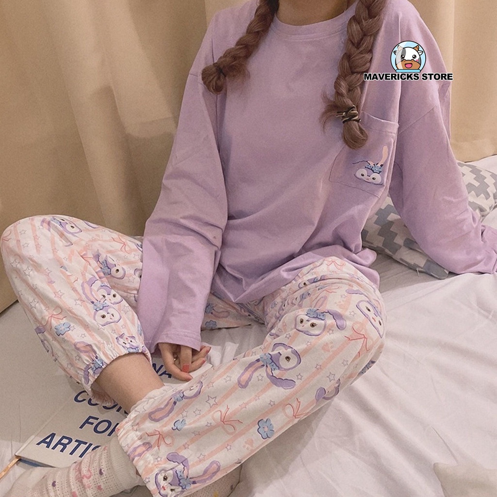 Bộ đồ ngủ tay dài in hình thỏ hoạt hình phong cách Hàn Quốc dành cho nữ