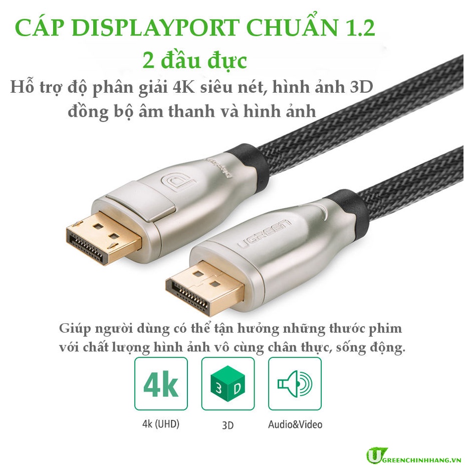 Dây DisplayPort 1.2 Dài 2m Hỗ Trợ 3D, 4K*2K 60 Hz UGREEN 30120 - Hàng Chính Hãng