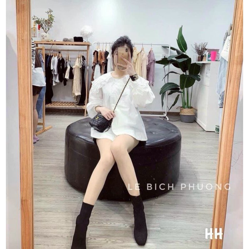 Áo sơ mi kiểu cổ sen đại cúc hai hàng