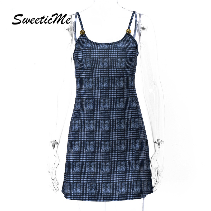 Đầm Hai Dây Hở Lưng Dáng Ôm In Họa Tiết Caro Thời Trang   Cho Bạn Gái