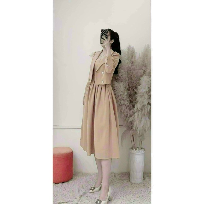 Sét Đầm 3 Món Áo Cổ Vest Phối Nút , Đầm Dài Dáng Xòe Chất For Có Mút Ngực Mặc Đẹp Dáng Xinh [NEW UNISEX]