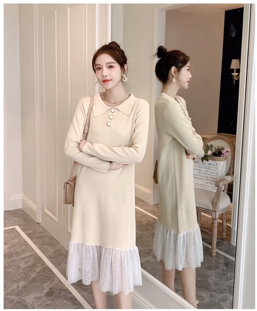 Váy suông dành cho bà bầu chất len ấm áp mùa đông (cổ cài cúc) mẫu B30