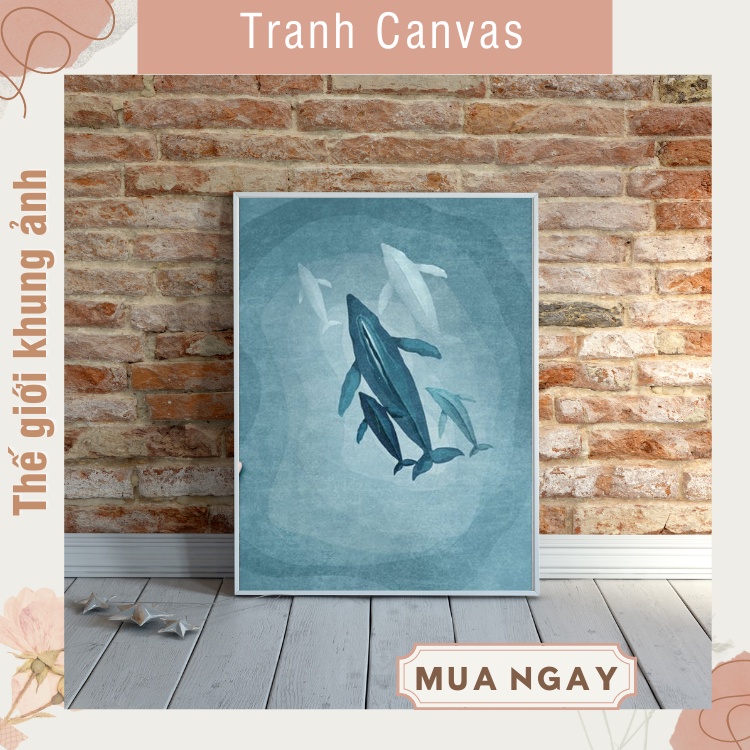 Tranh trang trí cá voi xanh tranh treo tường, có đinh và móc treo tranh tặng kèm